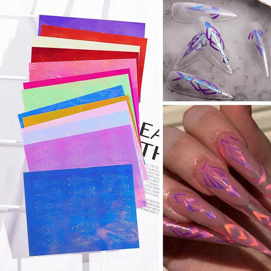 13 Color Nail Flame Stickers Kit 3D Laser Diamond Curve Back Gum Manicure Art Stickers
